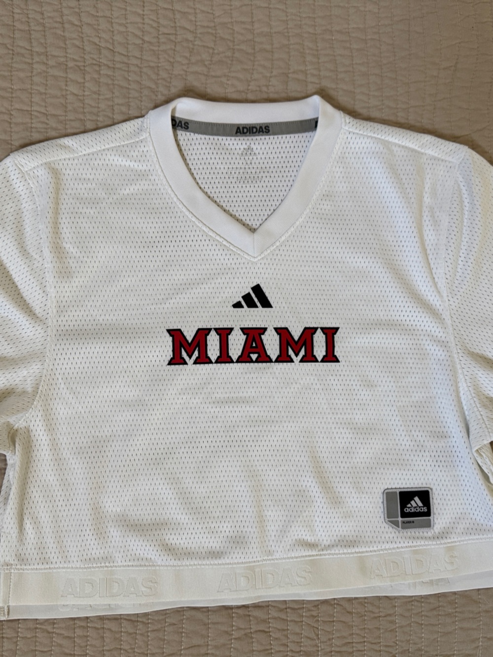 adidas White Mesh MIAMI of Oxford OH cropped athletic Jersey with Red Lettering